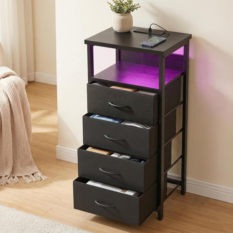 Fixwal Night Stand with 4 Fabric Storage Drawers, Tall Nightstand Bedside Table with Charging Station & Led Lights, Fabric Dresser for Bedroom, Black