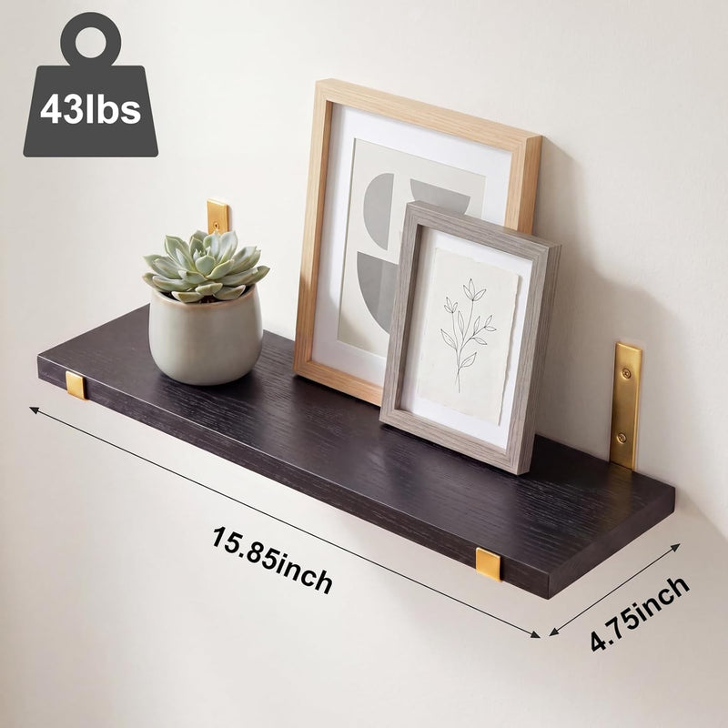 Fixwal Floating Black Gold Shelves Set of 5, Width 4.75 Inches Wall Shelves, Rustic Wood Wall Storage Shelves for Bedroom, Living Room, Kitchen, Bathroom, Home Decor, Laundry Room, Office and Plants
