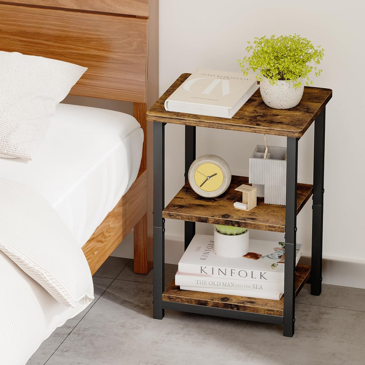 Fixwal Side Table 3-Tier Small End Table, Sofa Table Nightstand for Living Room, Bedroom, Office, Rustic Brown and Black