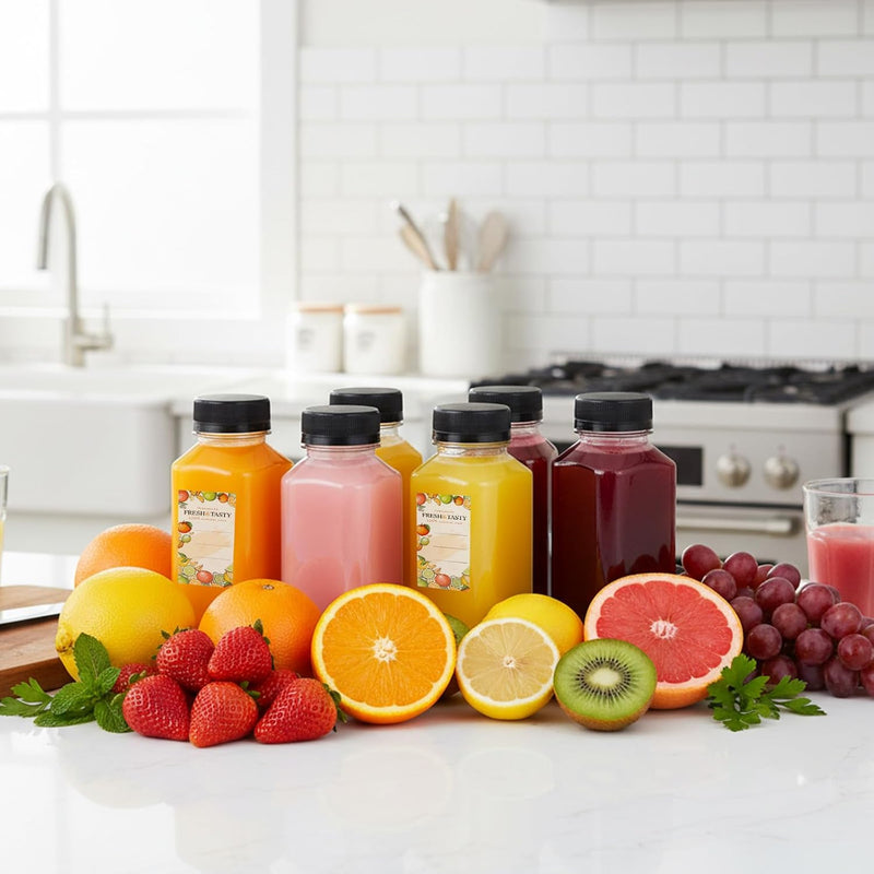 150pcs 8oz Plastic Juice Bottles with Caps Empty Reusable Clear Bottles with Label, Funnel and Brush Beverage Containers Bulk with Lids for Juicing, Smoothies, Fridge