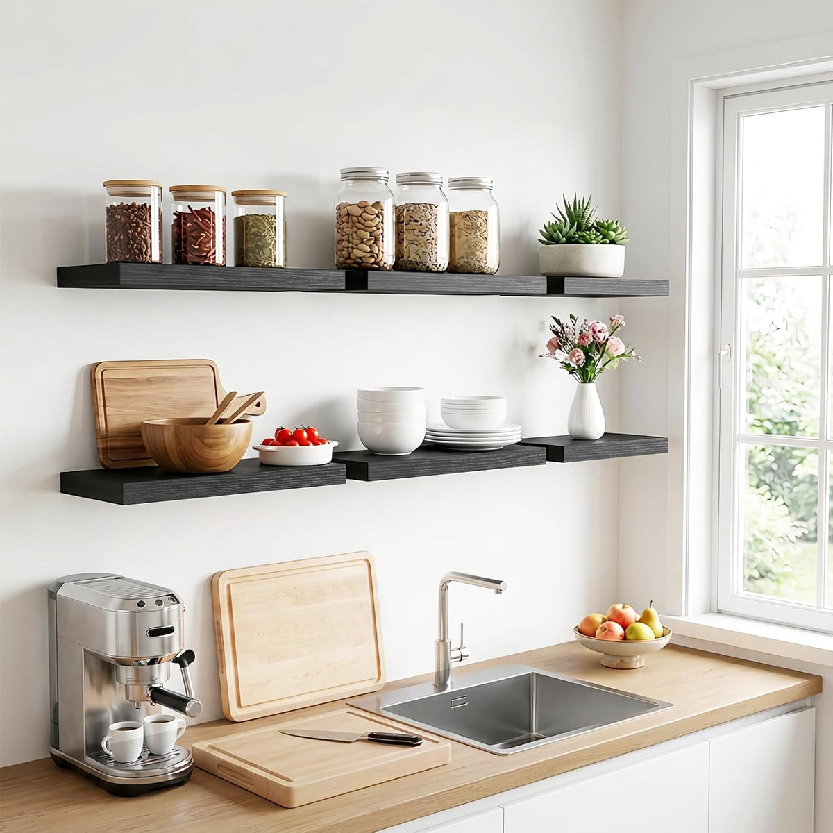Fixwal Black Shelves, 15.7in Floating Shelves, Farmhouse Shelf Wall Decor for Bathroom, Bedroom, Living and Kitchen Set of 6