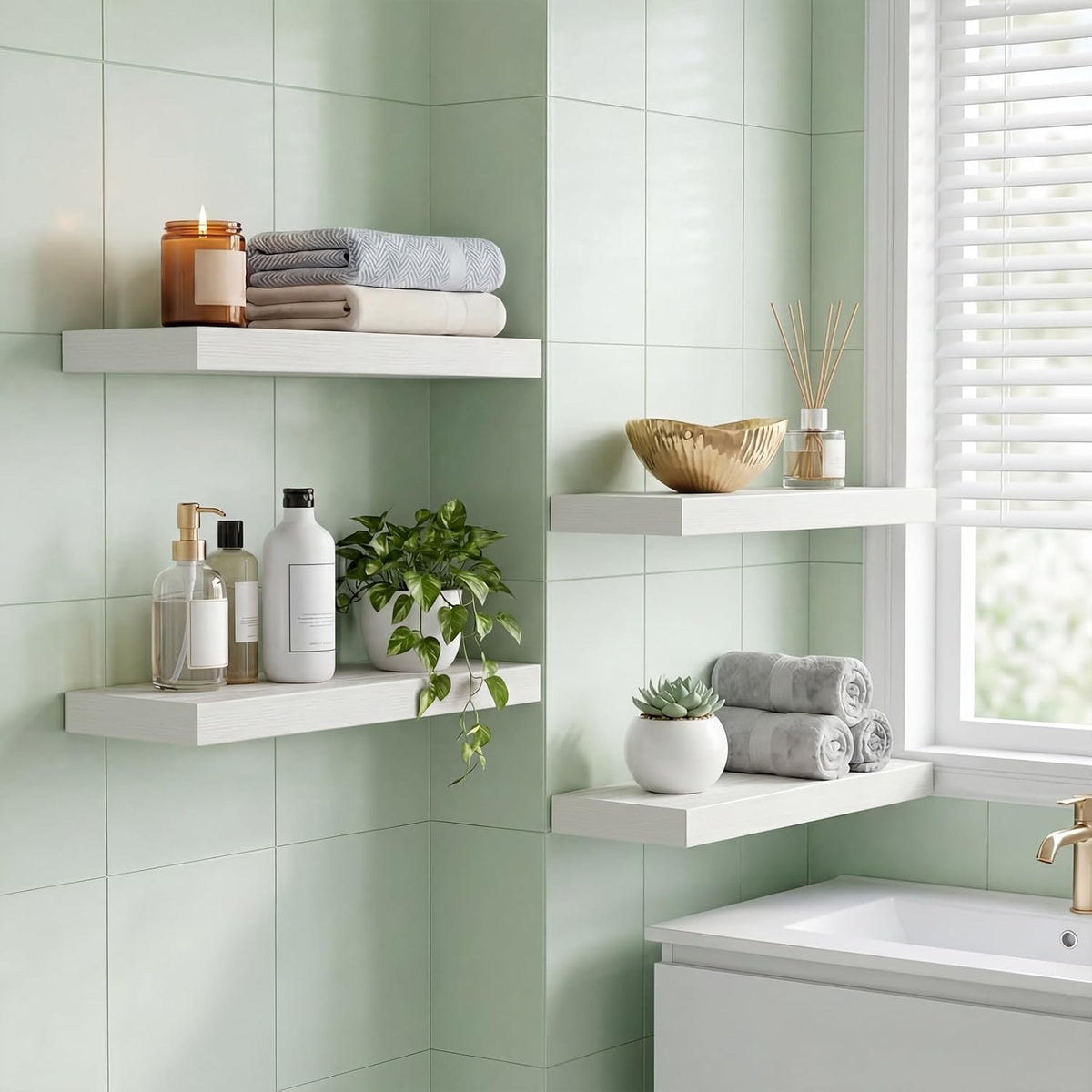 Fixwal White Shelves for Wall, 15.7in Rustic Wood Finish Floating Wall Shelves Set of 4, Shelves for Wall Decor, with Invisible Brackets for Bathroom, Living Room,Bedroom and Kitchen