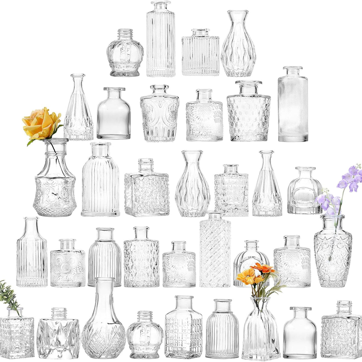 36pcs Glass Bud Vase Bulk Set, Clear Small Glass Vases for Flowers, Vintage Flower Vases in Bulk for Centerpieces, Wedding Decorations,Table Decor