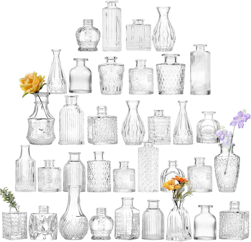 36pcs Glass Bud Vase Bulk Set, Clear Small Glass Vases for Flowers, Vintage Flower Vases in Bulk for Centerpieces, Wedding Decorations,Table Decor
