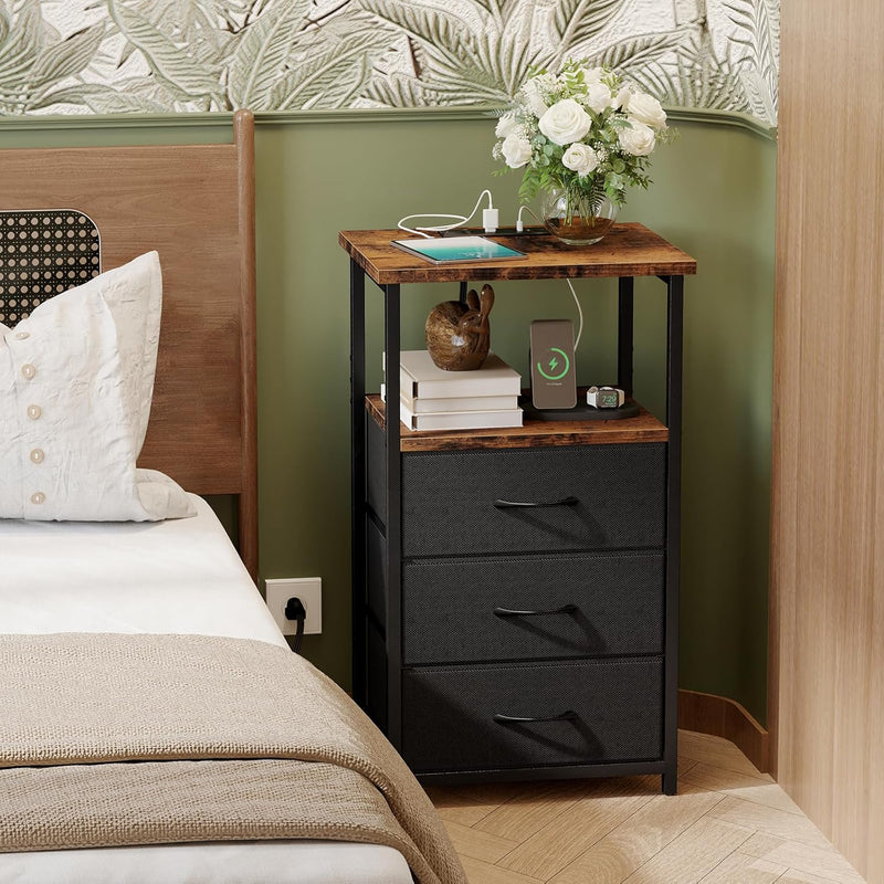 Fixwal Nightstand with Charging Station, Night Stand with Fabric Drawers, Bedside Table for Bedroom, End Table with Storage, Rustic Brown and Black