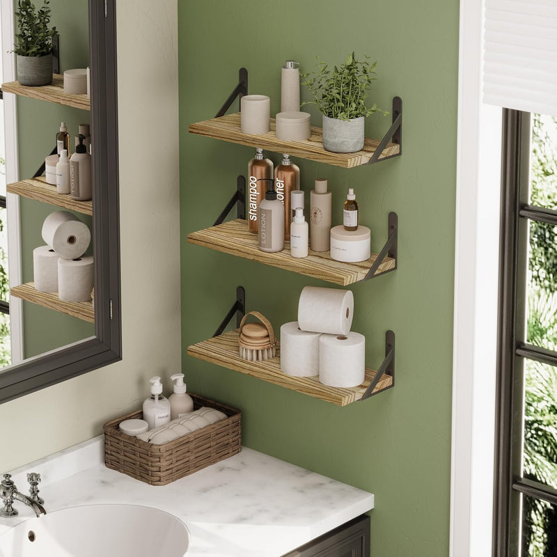 16.5 Inch Floating Shelves for Wall, Farmhouse Wall Shelves for Bedroom, Bathroom Storage, Living Room and Kitchen Decor (Set of 6 Light Brown Color)