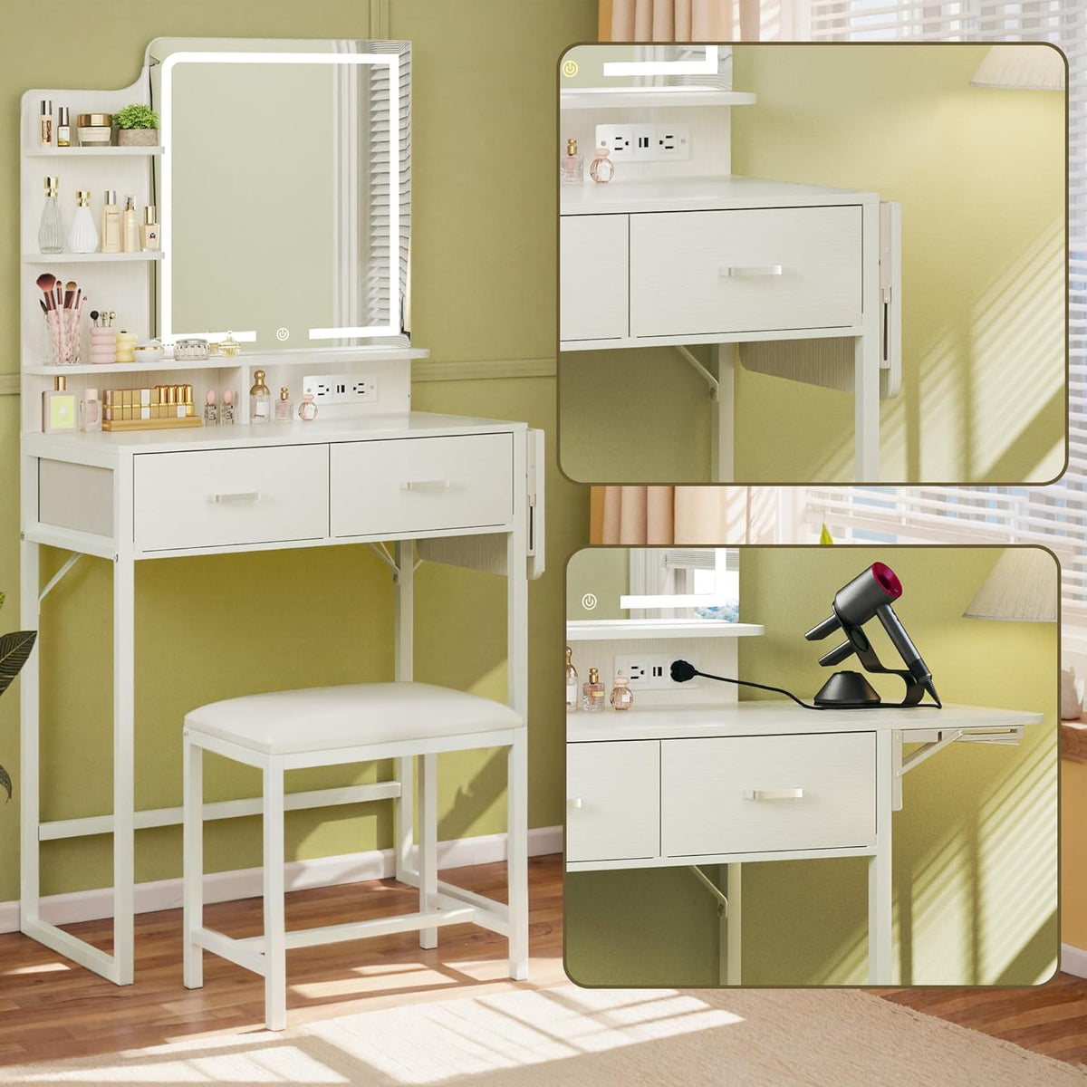 Small Vanity Desk with Mirror and Lights, Makeup Vanity with Fabric Storage Drawer & Chair & Shelves, White Vanity with Fold-up Panel and Power Outlet, Bedroom