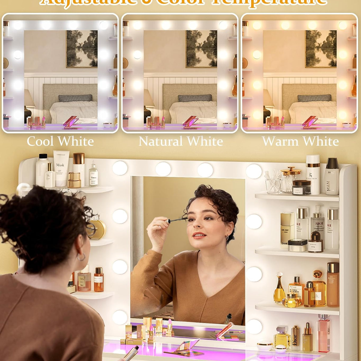 Vanity Desk, Makeup Vanity Desk with Mirror and Lights 3 Colors, Transparent Top with 3 RGB Drawers, 6 Shelves, 2 Large Tempered Cabinets, Power Outlet, for Bedroom, White