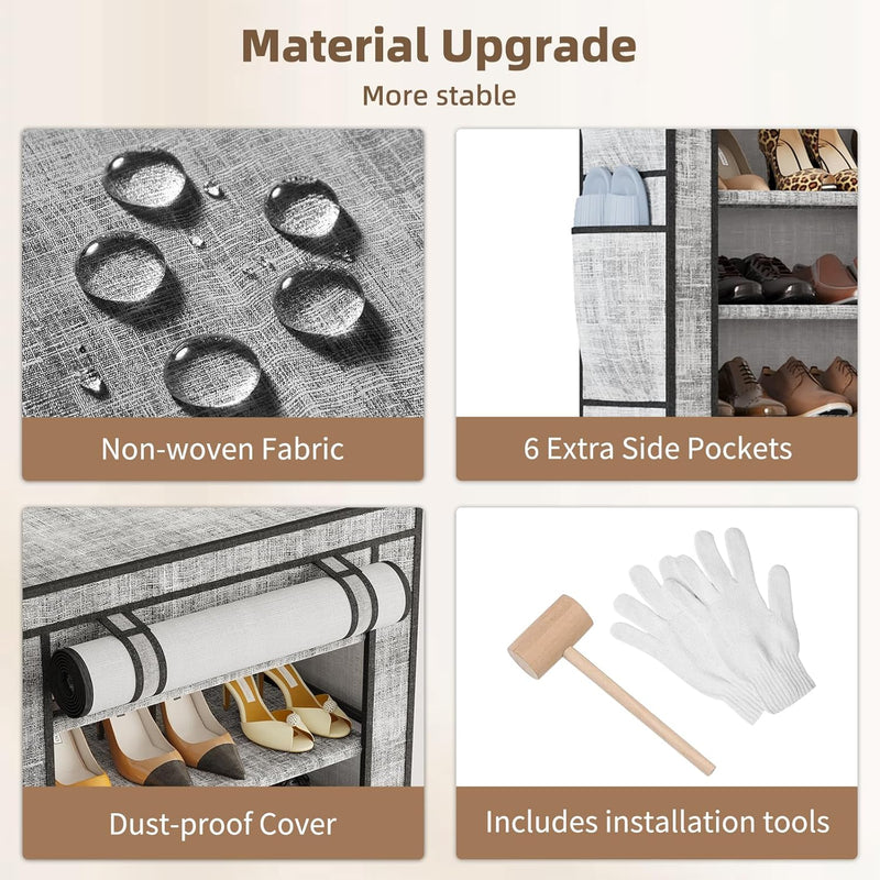 Shoe Rack with Cover, Narrow Shoe Rack with 6 Side Pockets, 10 Tier Tall Shoe Organizer Holds 16-22 Pairs Shoes and Boots, Shoe Storage for Closet, Entryway and Hallway, Gray