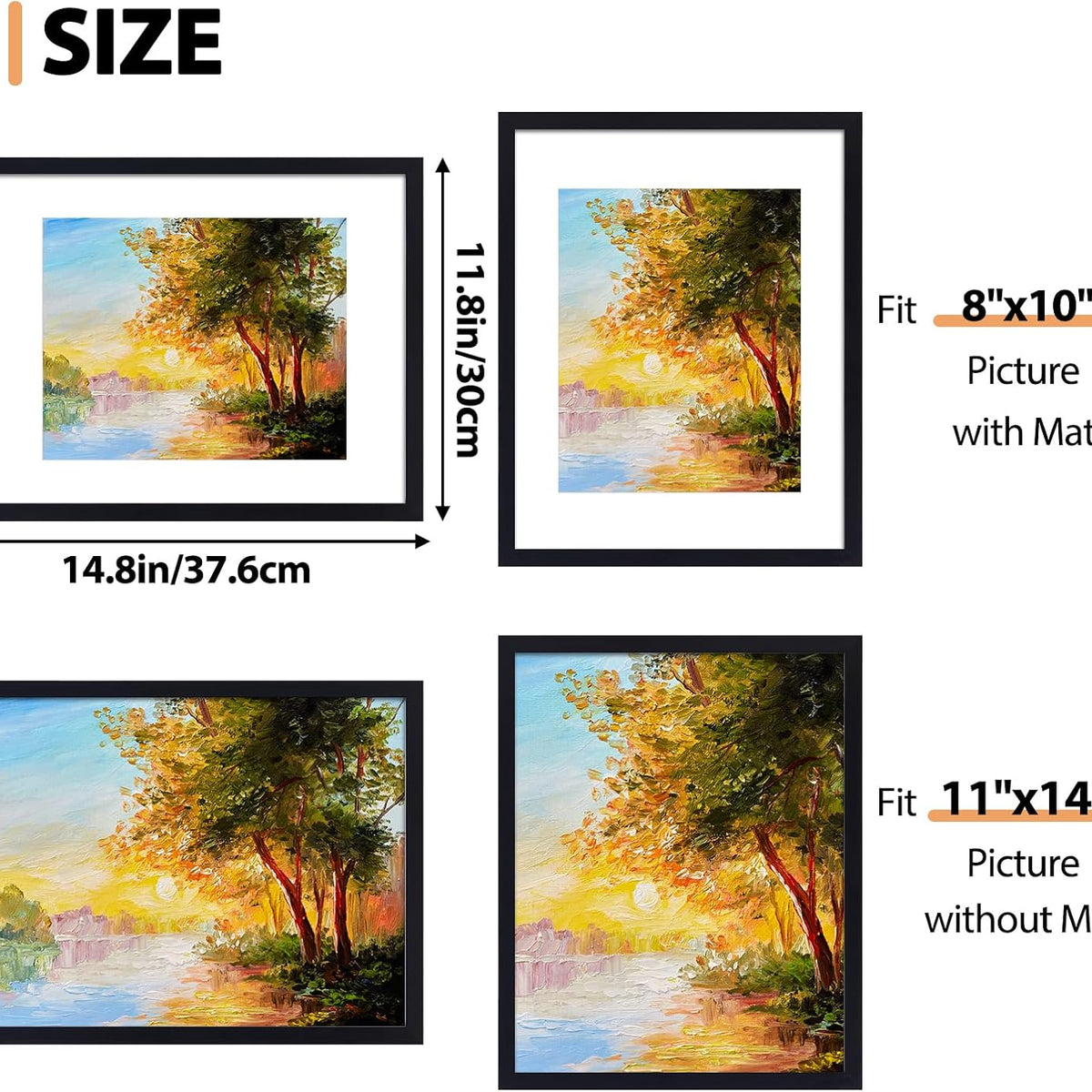 Fixwal 11x14 Picture Frame Set of 2, Black Photo Frames for Wall and Tabletop Display with Mat for 8x10 Pictures