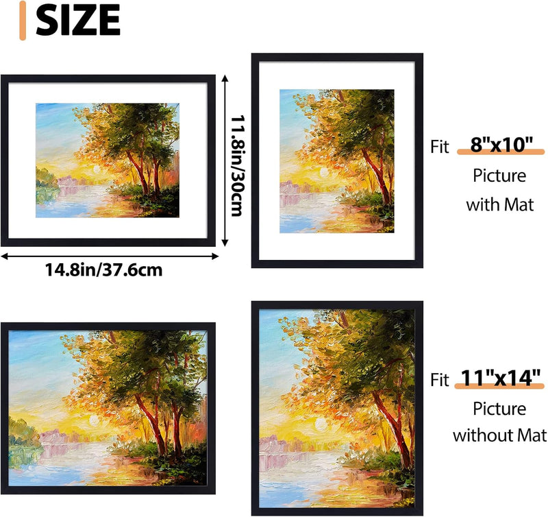 Fixwal 11x14 Picture Frame Set of 2, Black Photo Frames for Wall and Tabletop Display with Mat for 8x10 Pictures