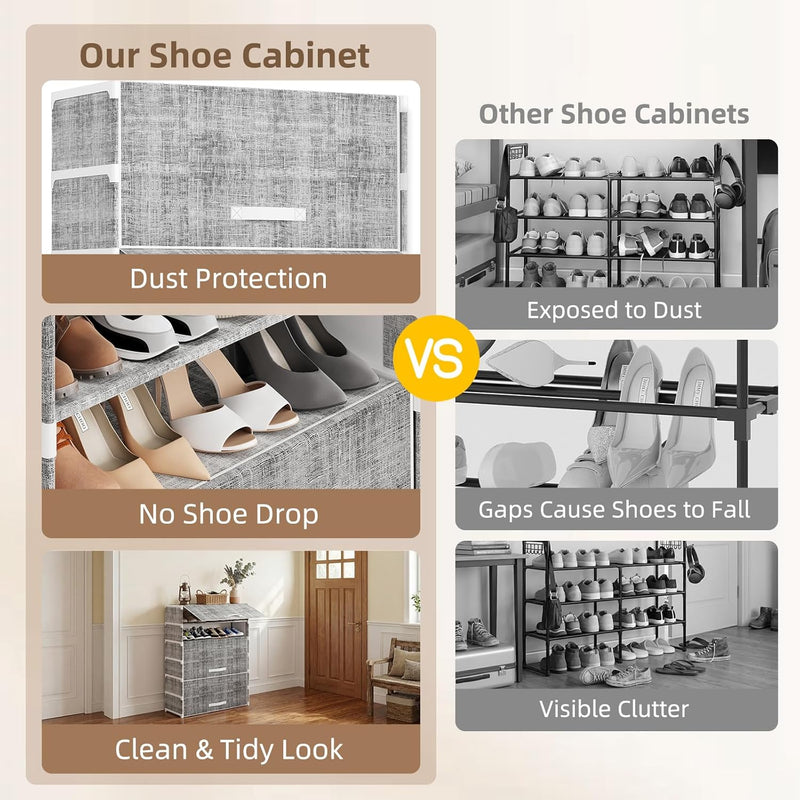 Shoe Storage Cabinet with Dustproof Flip Doors, 7 Tier Large Shoe Rack Organizer, Free Standing Shoe Shelf for Entryway, Closet, Hallway, Space Saving Sneaker Boots Storage, Modern Grey