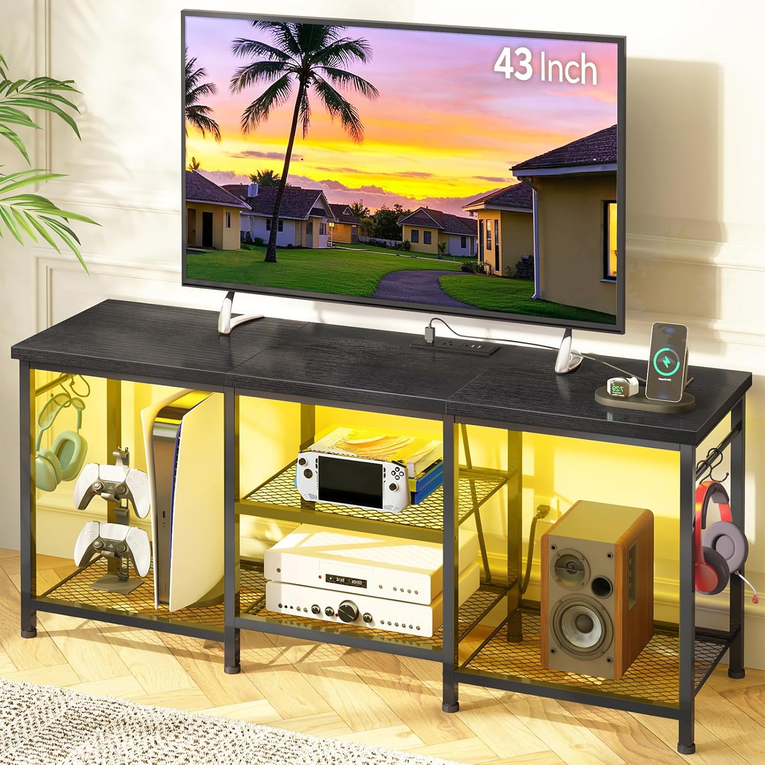 Black Entertainment Stand for Up to 50 Inch TVs, Tv Stand with Outlet Led Lights Open Storage Shelves, TV Consoles for Living Room, Bedroom