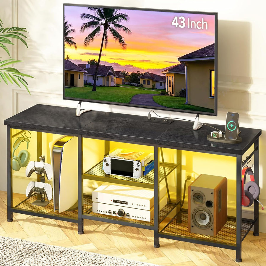 Black Entertainment Stand for Up to 50 Inch TVs, Tv Stand with Outlet Led Lights Open Storage Shelves, TV Consoles for Living Room, Bedroom