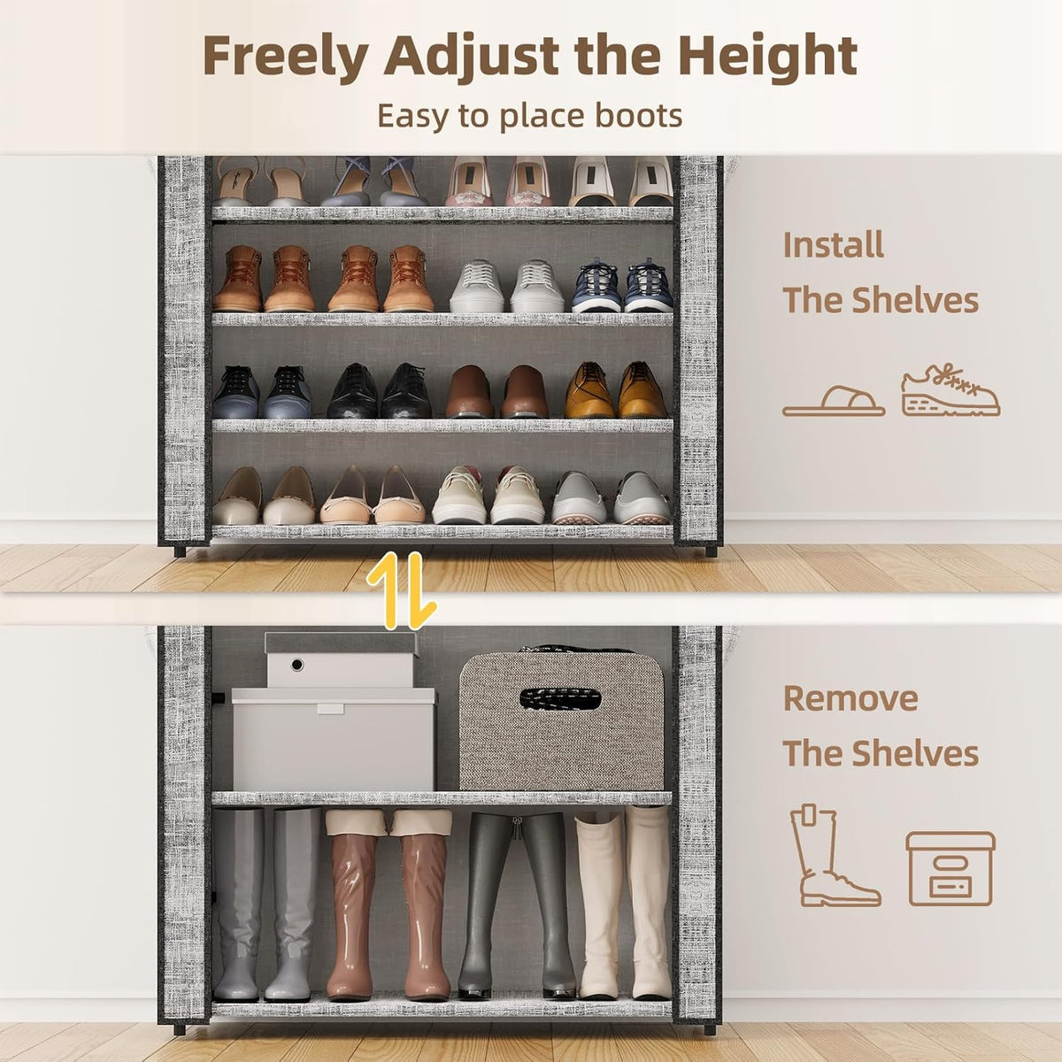 Shoe Rack with Cover, Large Capacity Shoe Organizer Storage 45 Pairs, 10 Tier Tall Shoe Shelf with 6 Side Pockets, Space Saving Shoe Storage for Closet, Entryway Hallway, Gray