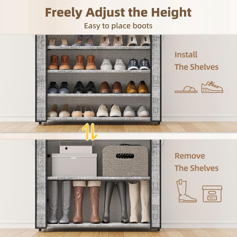 Shoe Rack with Cover, Large Capacity Shoe Organizer Storage 45 Pairs, 10 Tier Tall Shoe Shelf with 6 Side Pockets, Space Saving Shoe Storage for Closet, Entryway Hallway, Gray