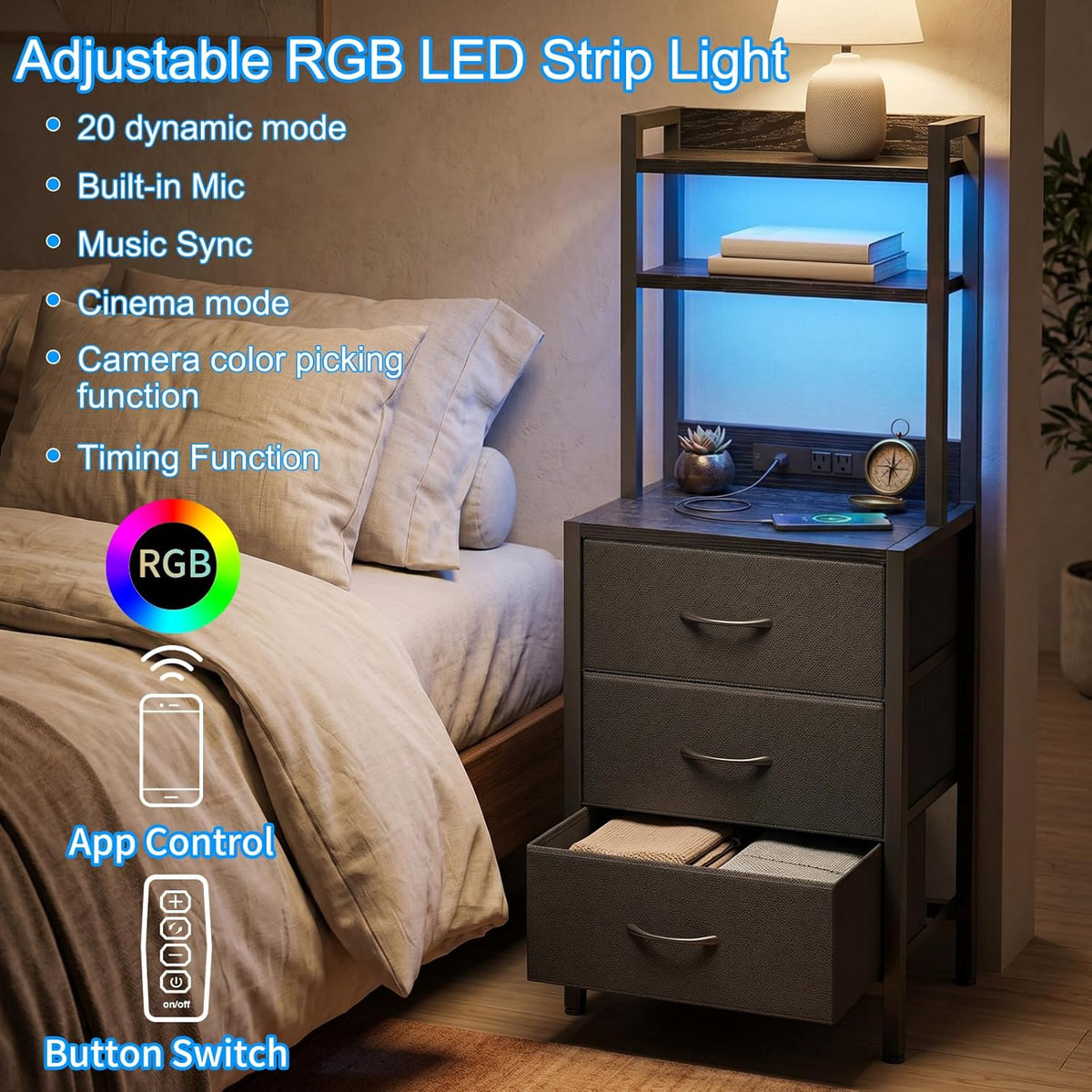 Fixwal 41 Inch Tall Nightstand with Charging Station, 3 Fabric Storage Drawers and Shelves, Led Night Stand with U-S-B Port & Socket, Bedroom Dorm Office, Bedside Table & Bookshelf in One, Black