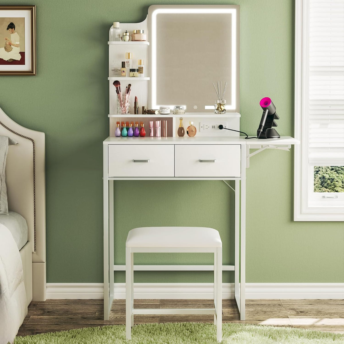 Fixwal  Makeup Vanity Desk with Lighted Mirror & Foldable Side Panel
