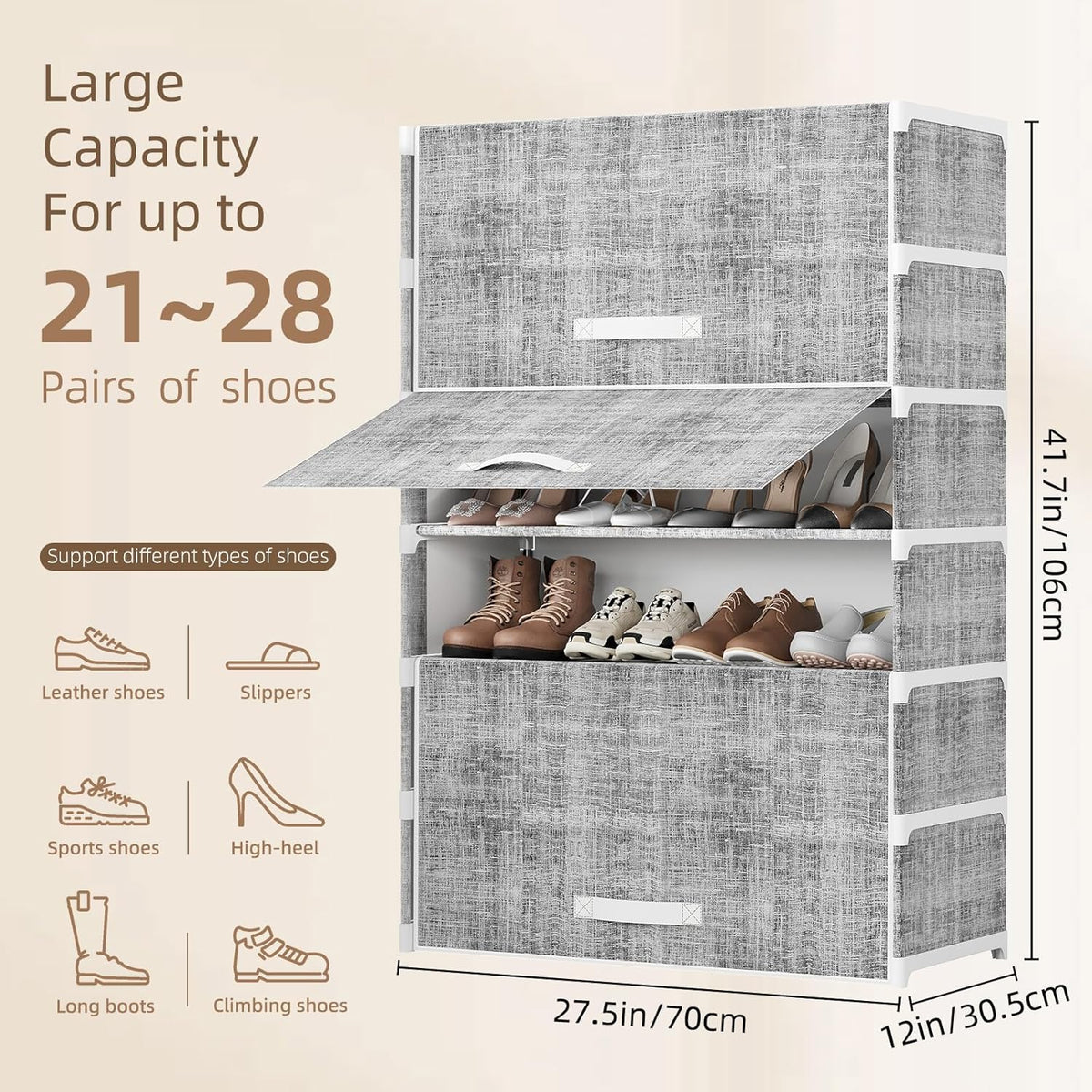 Shoe Storage Cabinet with Dustproof Flip Doors, 7 Tier Large Shoe Rack Organizer, Free Standing Shoe Shelf for Entryway, Closet, Hallway, Space Saving Sneaker Boots Storage, Modern Grey