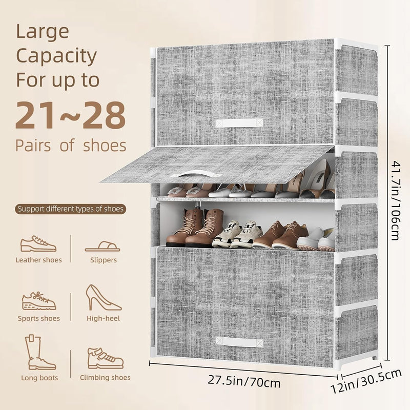 Shoe Storage Cabinet with Dustproof Flip Doors, 7 Tier Large Shoe Rack Organizer, Free Standing Shoe Shelf for Entryway, Closet, Hallway, Space Saving Sneaker Boots Storage, Modern Grey