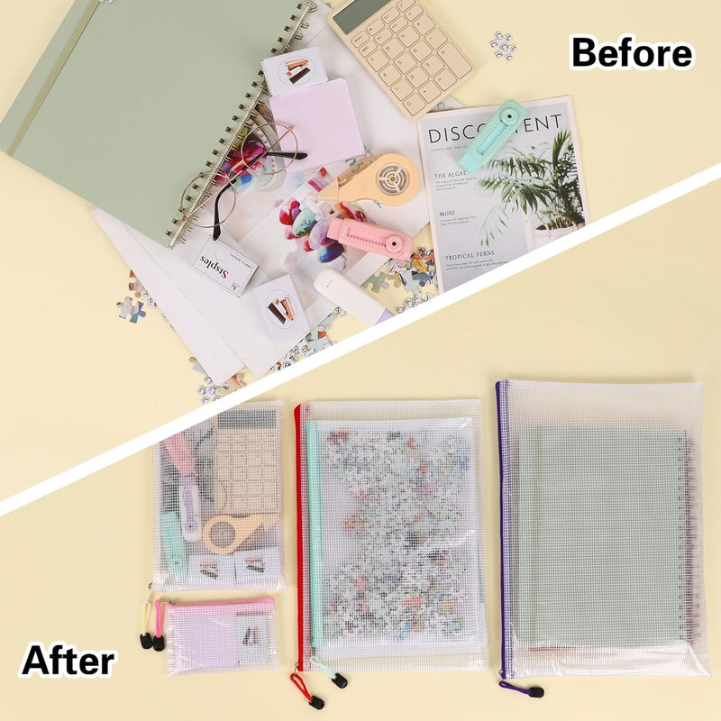 64pcs Mesh Zipper Pouch Bags, 8 Sizes Plastic Bags, 15 Colors Waterproof Pouches with Slide Fastener for Organization, Multipurpose for Travel, School Supplies, Office and Home Organization