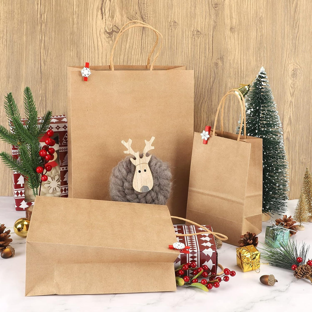 120pcs Brown Paper Bags with Handles Assorted Sizes Mixed Sizes Bulk Kraft Paper Gift Bags for Business, Shopping, Retail