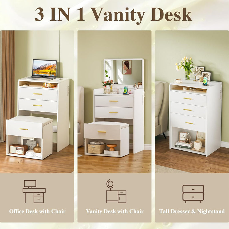3 in 1 Vanity Desk with Flip-up Mirror, Compact Vanity with 2 Fabric Drawers & Storage Cushioned Chair, Charging Station, Girls Small Vanity Nightstand for Bedroom, White