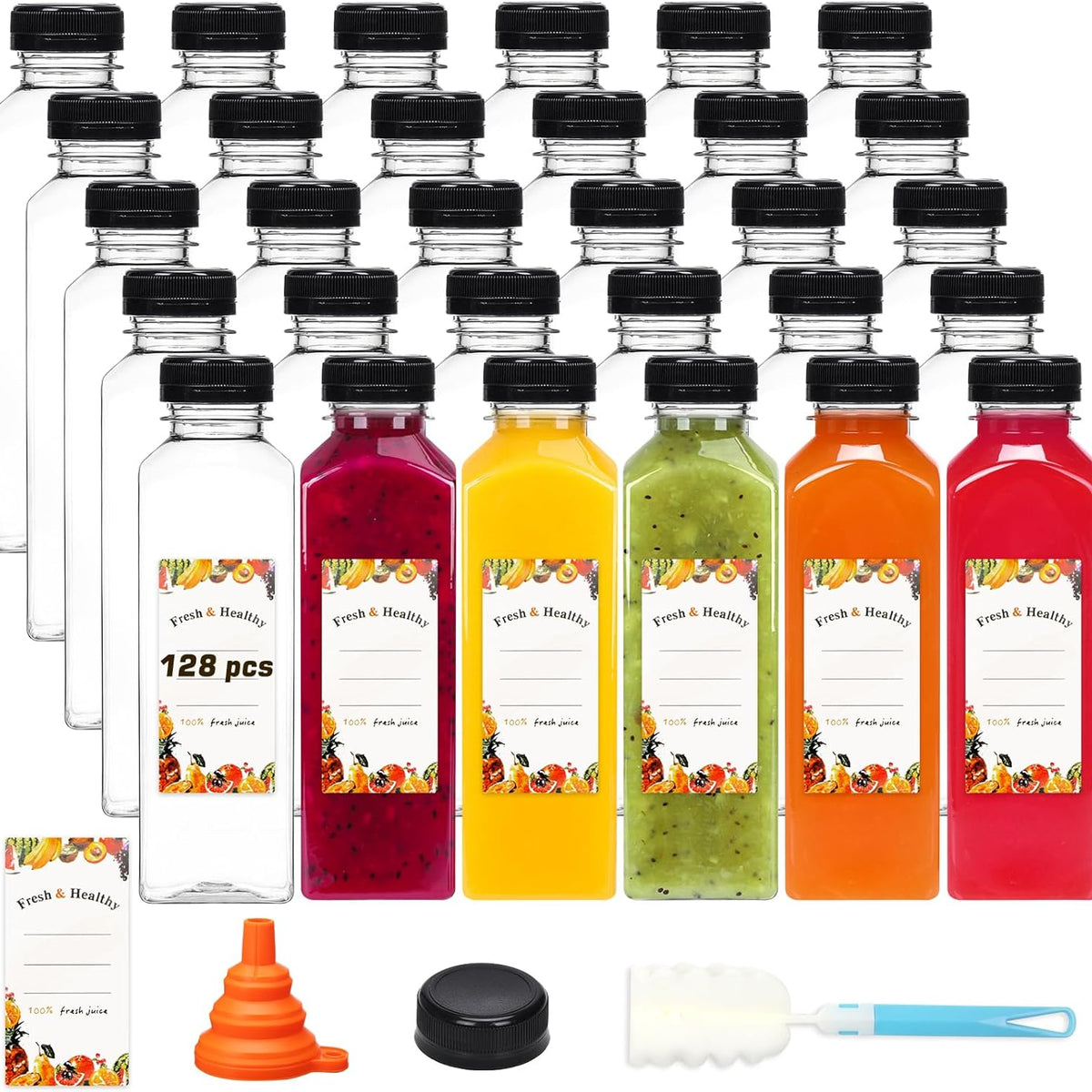 Moretoes 128pcs 16oz Plastic Juice Bottles with Caps, Bulk Clear Reusable Juicing Bottles for Smoothies and Other Beverages