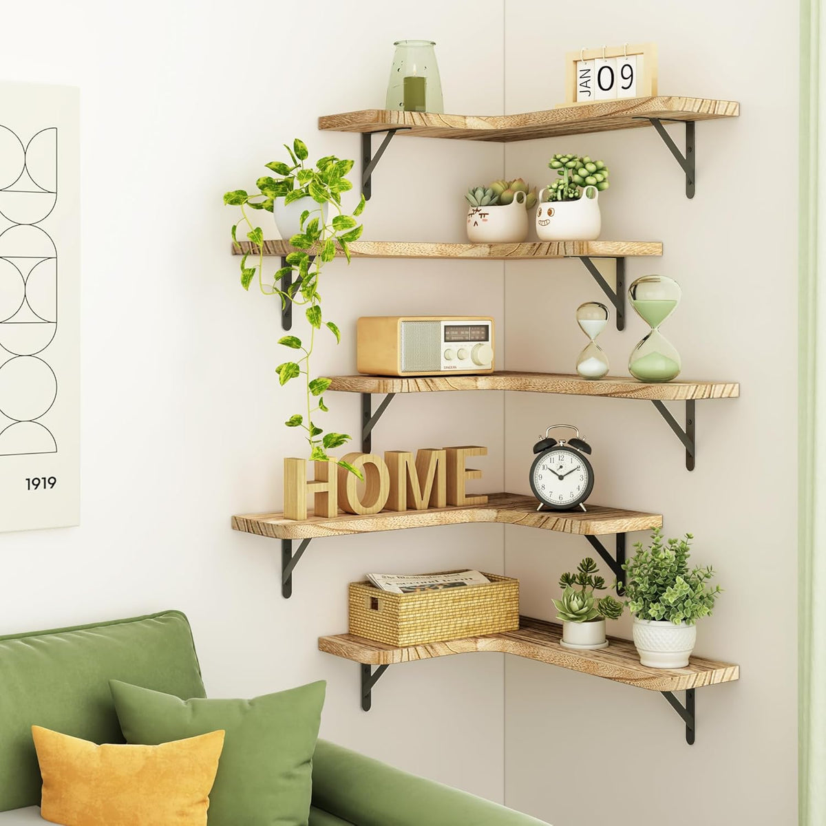 Fixwal Floating Shelves for Wall Set of 5, Rustic Wood Wall Mounted Corner Shelf for Bathroom, Kitchen, Bedroom, Home Decor, Laundry Room, Living Room (Carbonized Black)