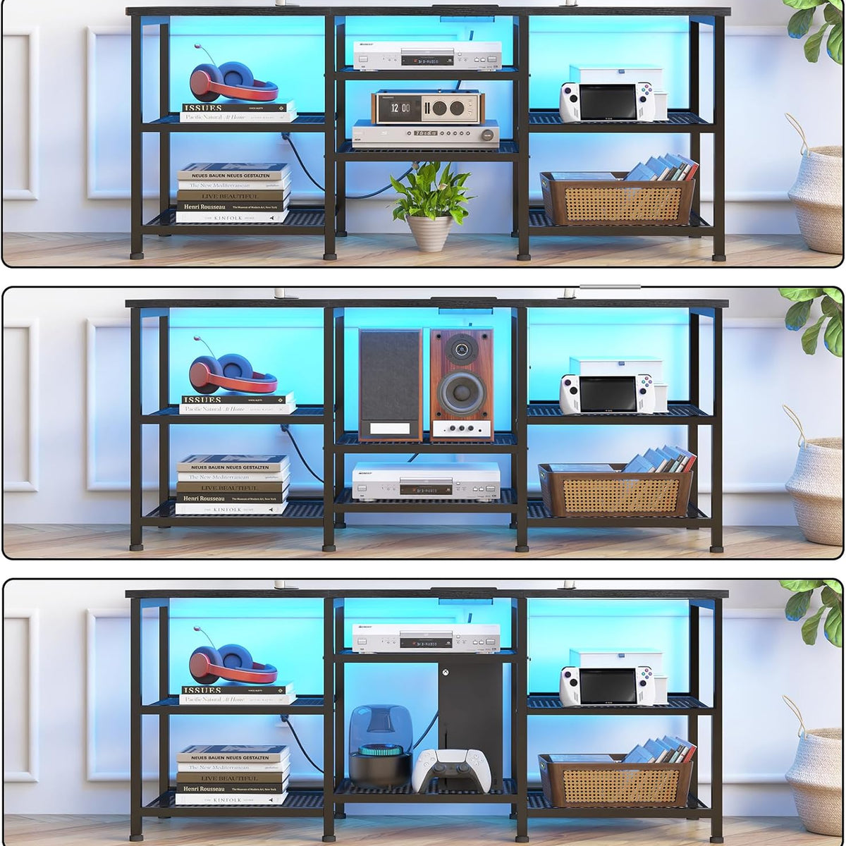 Entertainment Center for TVs Up to 50 Inch, Entertainment Stand with Power Outlet and LED Lights Open Storage Shelves, TV Console Table for Living Room and Bedroom, Black