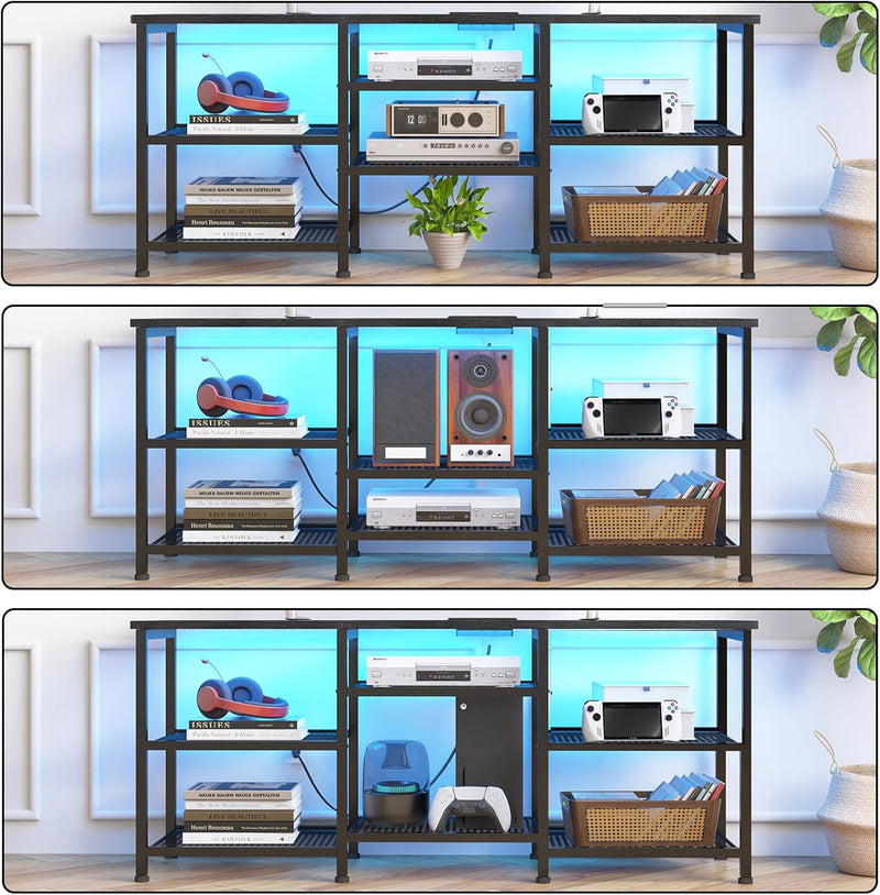Entertainment Center for TVs Up to 50 Inch, Entertainment Stand with Power Outlet and LED Lights Open Storage Shelves, TV Console Table for Living Room and Bedroom, Black