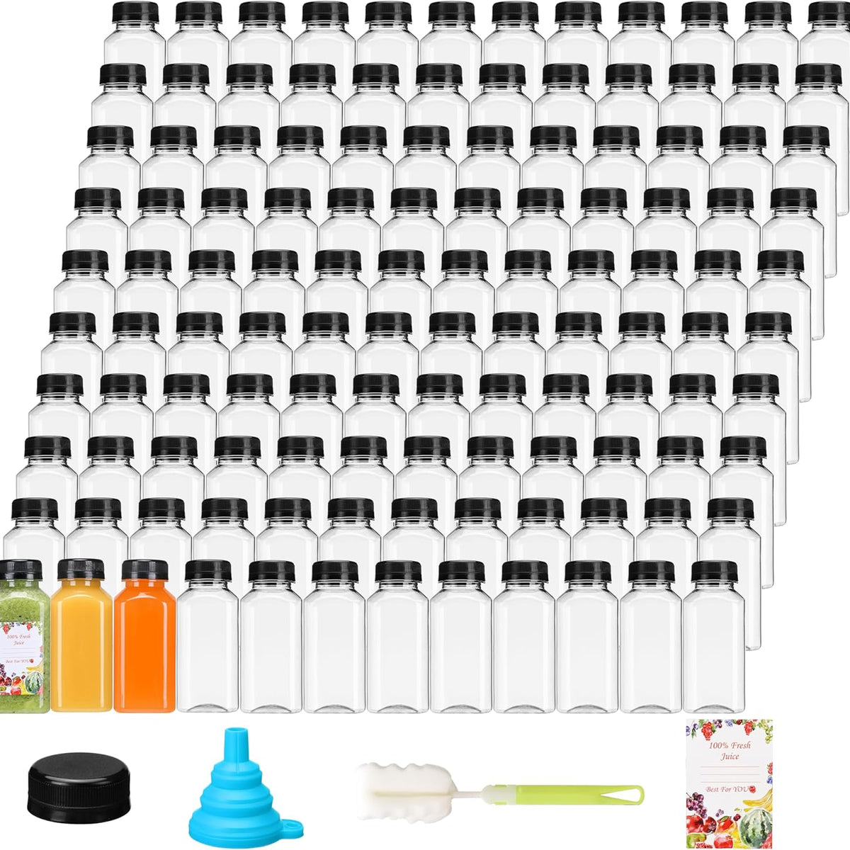 120pcs 8oz Plastic Juice Bottles with Caps, Reusable Clear Juice Containers with Labels, Funnel and Brush for Juicing, Smoothie, Milk