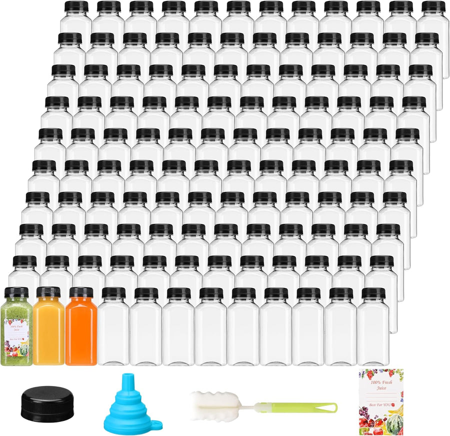 120pcs 8oz Plastic Juice Bottles with Caps, Reusable Clear Juice Containers with Labels, Funnel and Brush for Juicing, Smoothie, Milk