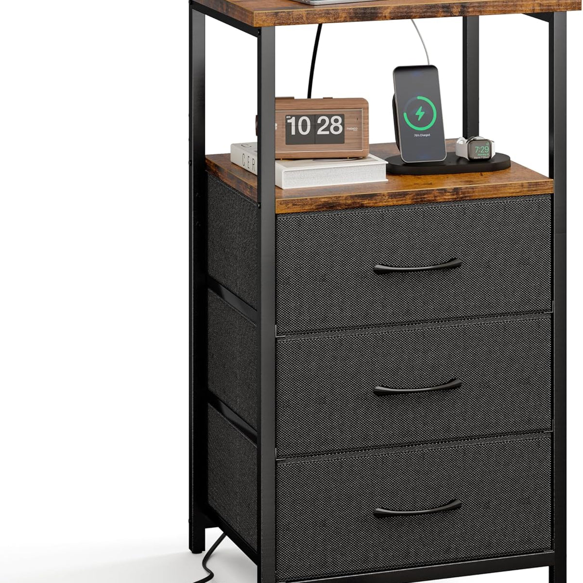 Fixwal Nightstand with Charging Station, Night Stand with Fabric Drawers, Bedside Table for Bedroom, End Table with Storage, Rustic Brown and Black