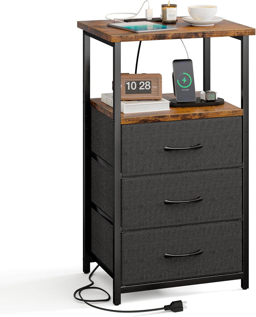 Nightstand with Charging Station, Night Stand with Fabric Drawers, Bedside Table for Bedroom, End Table with Storage, Rustic Brown and Black