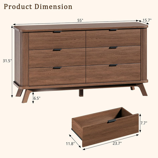 Fluted 6 Drawers Dresser for Bedroom, 55" Mid Century Modern Dresser & Chests of Drawers, Curved Profile Design, Dresser TV Stand, for Entryway, Hallway, Walnut