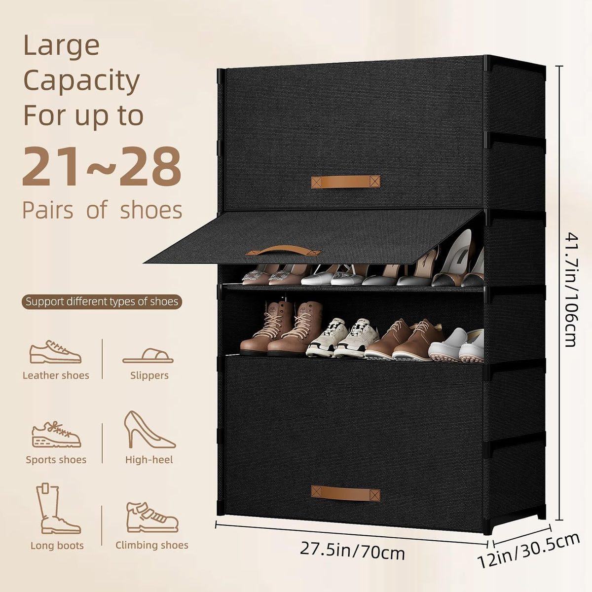 Shoe Storage Cabinet with Door, 7 Tier Shoe Rack, 3-4 Pair Per Tier, Shoe Shelves Organizer for Closet, Entryway, Hallway, Storage Cabinet for Home Decor, Black