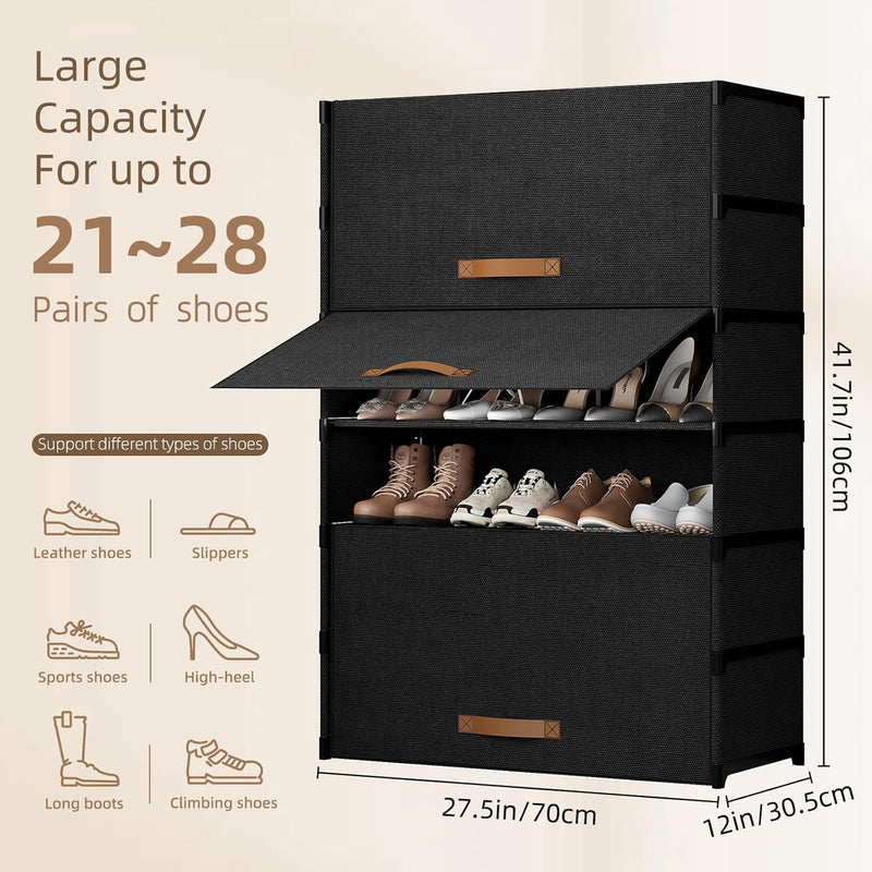 Shoe Storage Cabinet with Door, 7 Tier Shoe Rack, 3-4 Pair Per Tier, Shoe Shelves Organizer for Closet, Entryway, Hallway, Storage Cabinet for Home Decor, Black