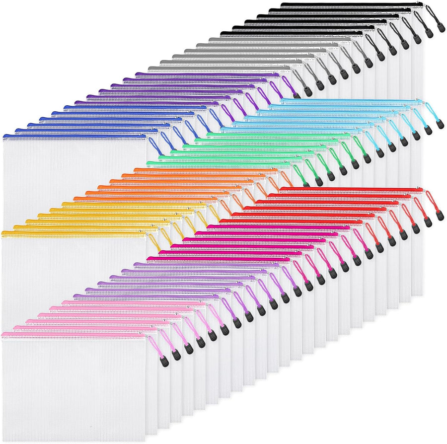 72pcs Mesh Zipper Pouch, A4 Size, 12 Colors Zipper Bags for Organizing Storage, Waterproof Puzzle Bag, Zipper File Bags for Board Games and School Office Supplies