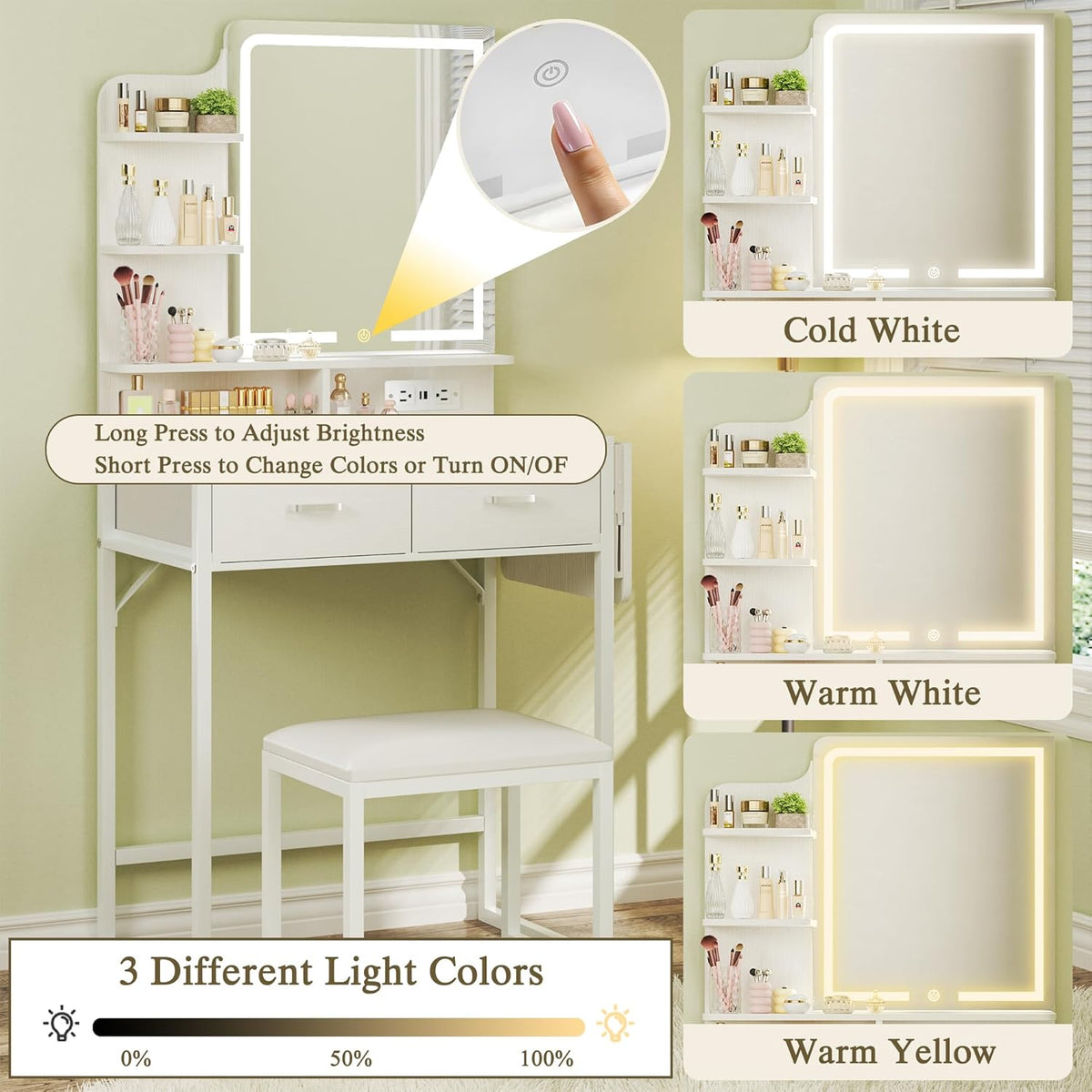 Small Vanity Desk with Mirror and Lights, Makeup Vanity with Fabric Storage Drawer & Chair & Shelves, White Vanity with Fold-up Panel and Power Outlet, Bedroom