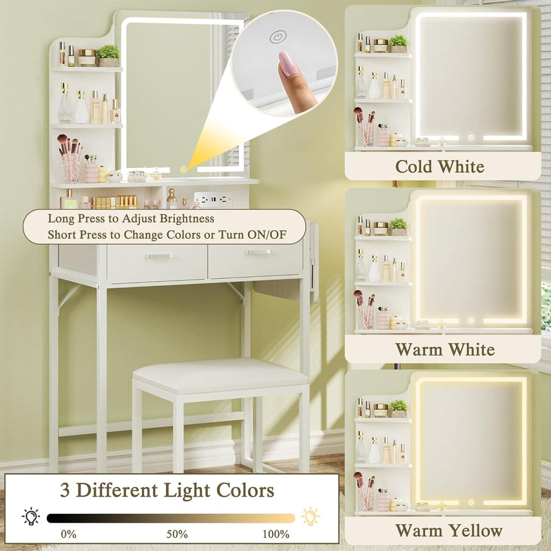 Small Vanity Desk with Mirror and Lights, Makeup Vanity with Fabric Storage Drawer & Chair & Shelves, White Vanity with Fold-up Panel and Power Outlet, Bedroom