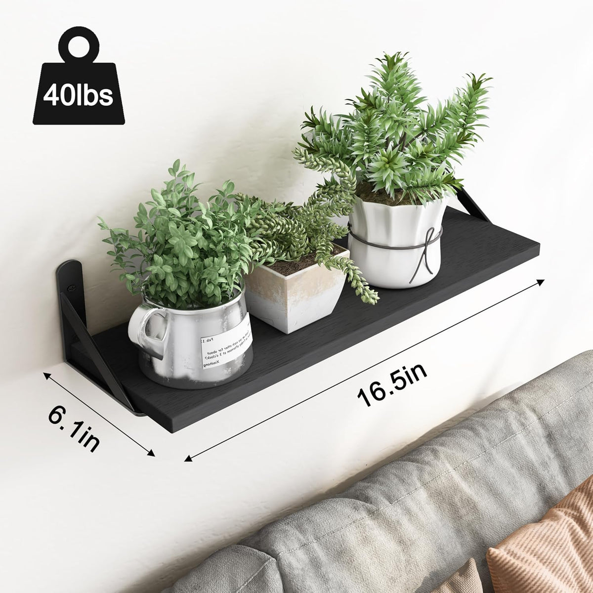 Wall Shelves for Bedroom, 16.5 Inch Floating Shelves for Wall, Shelves for Bathroom Storage, Living Room and Kitchen Decor (Set of 6 Black)