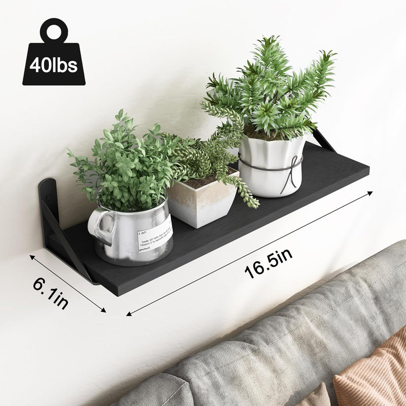Wall Shelves for Bedroom, 16.5 Inch Floating Shelves for Wall, Shelves for Bathroom Storage, Living Room and Kitchen Decor (Set of 6 Black)