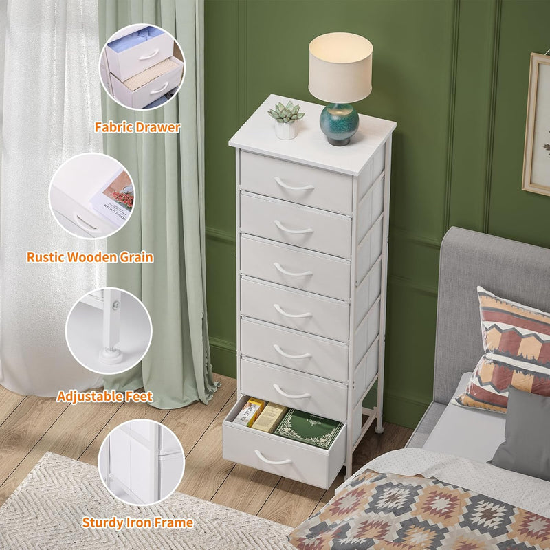 White Tall Dresser for Bedroom, Storage Dresser Organizer with 7 Fabric Drawers, Nightstand Furniture in Closet, Entryway, Hallway