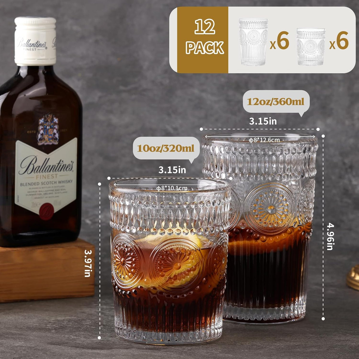 Vintage Drinking Glasses Set of 12, Textured Clear Striped Glass Cups-6 Highball Glasses 12oz & 6 Rocks Glasses 10oz, Mixed Glassware Set, Mojito Cups, Cocktail Glass, Iced Coffee Cup