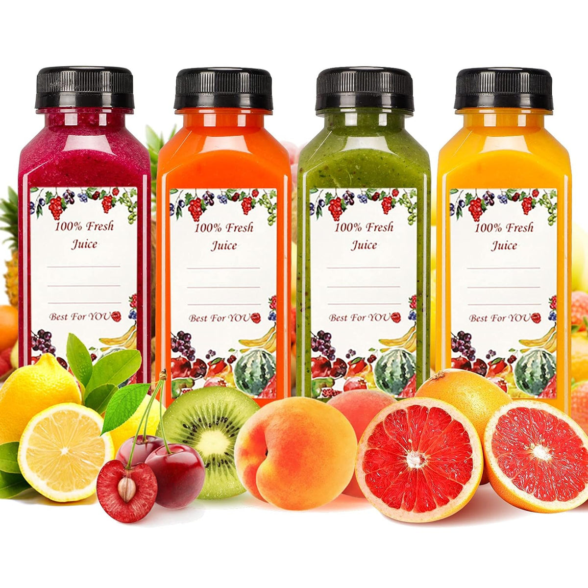 20pcs 12oz Plastic Juice Bottles with Caps, Reusable Juicing Bottles, Clear Drink Containers with Lids for Juicing, Smoothie and Other Beverages