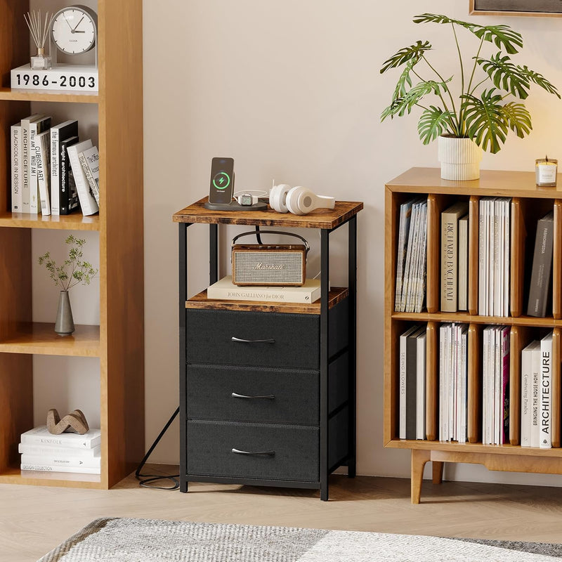 Fixwal Nightstand with Charging Station, Night Stand with Fabric Drawers, Bedside Table for Bedroom, End Table with Storage, Rustic Brown and Black