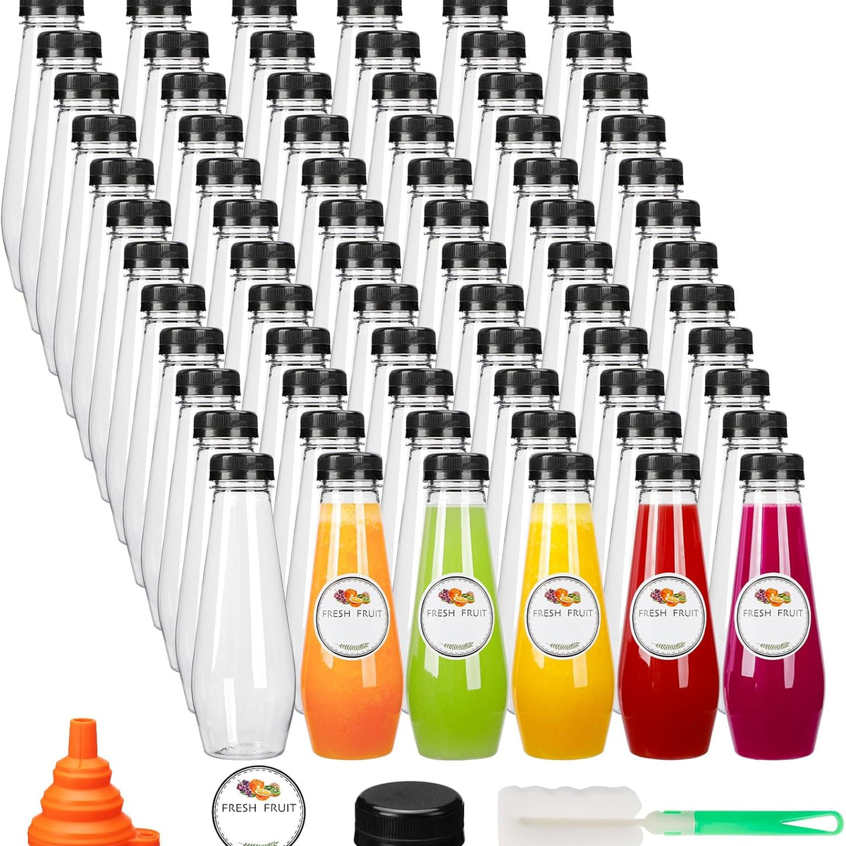 Moretoes 80pcs 12oz Juice Bottles, Empty Plastic Juicing Bottles with Caps, Cone Reusable Clear Bulk Beverage Containers for Juicing, Drinking, Milkshake, Tea, and Other Beverages