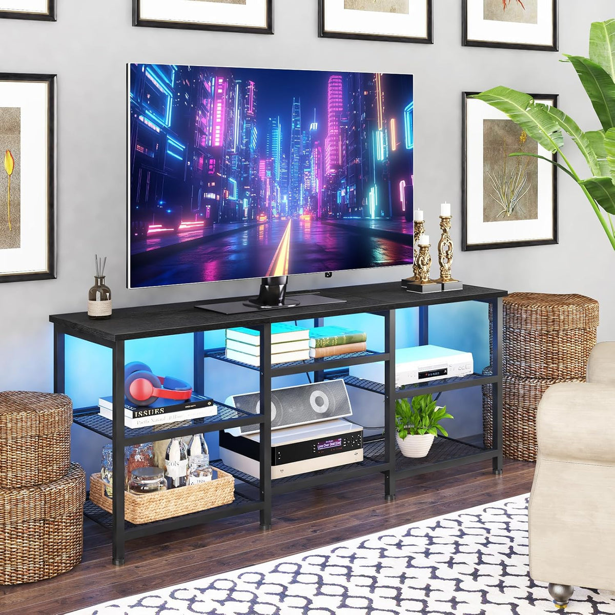 Entertainment Center for TVs Up to 50 Inch, Entertainment Stand with Power Outlet and LED Lights Open Storage Shelves, TV Console Table for Living Room and Bedroom, Black