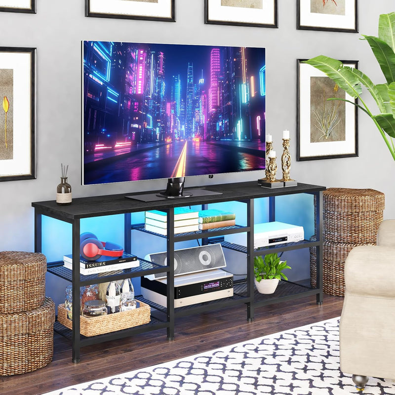 Entertainment Center for TVs Up to 50 Inch, Entertainment Stand with Power Outlet and LED Lights Open Storage Shelves, TV Console Table for Living Room and Bedroom, Black